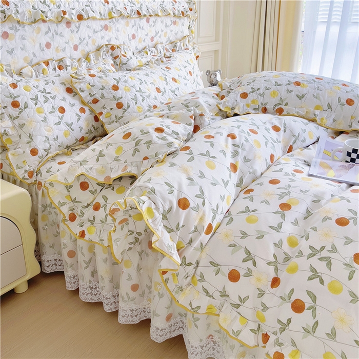 91家纺网 家纺一手货源 找家纺 十个点 2024新款印花夹棉蕾丝四件套 橙意