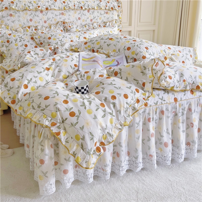 91家纺网 家纺一手货源 找家纺 十个点 2024新款印花夹棉蕾丝四件套 橙意