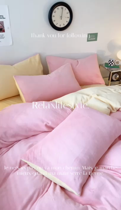 91家纺网 家纺一手货源 找家纺 眠帛家居 2023新款加厚牛奶绒双拼四件套 奶油粉-奶黄