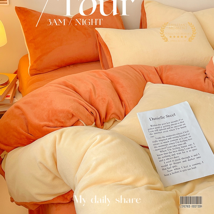 91家纺网 家纺一手货源 找家纺 眠帛家居 2023新款加厚牛奶绒双拼四件套 奶黄-焦糖