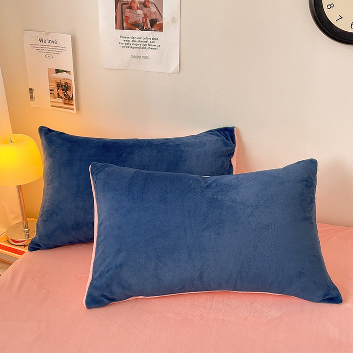 91家纺网 家纺一手货源 找家纺 眠帛家居 2023新款加厚牛奶绒双拼四件套 宾利蓝-奶油粉