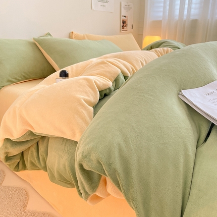 91家纺网 家纺一手货源 找家纺 眠帛家居 2023新款加厚牛奶绒双拼四件套 果绿-奶黄