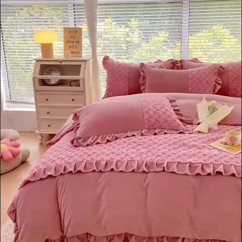 91家纺网 家纺一手货源 找家纺 金米诺 2024新款加厚保暖韩式双层花边玫瑰兔绒系列四件套 豆沙