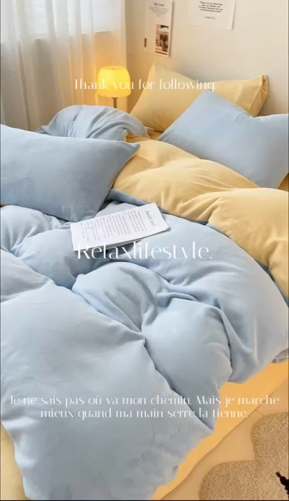 91家纺网 家纺一手货源 找家纺 眠帛家居 2023新款加厚牛奶绒双拼四件套 天空蓝-奶黄