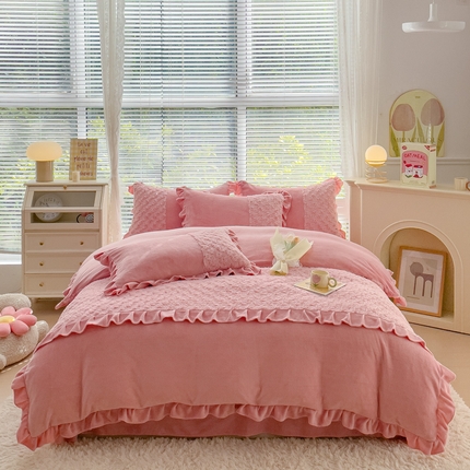 91家纺网 家纺一手货源 找家纺 （总）金米诺 2024新款加厚保暖韩式双层花边玫瑰兔绒系列四件套