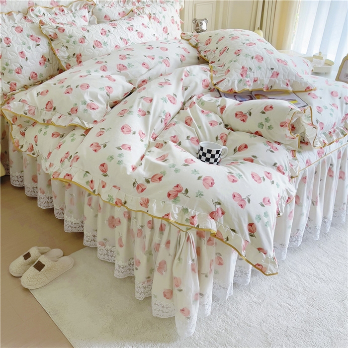 91家纺网 家纺一手货源 找家纺 十个点 2024新款印花夹棉蕾丝四件套 心语