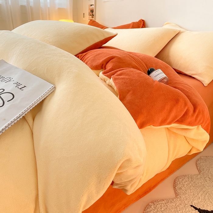 91家纺网 家纺一手货源 找家纺 眠帛家居 2023新款加厚牛奶绒双拼四件套 奶黄-焦糖