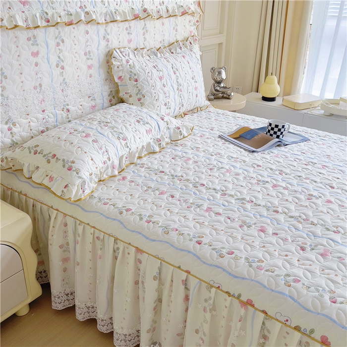 91家纺网 家纺一手货源 找家纺 十个点 2024新款印花夹棉蕾丝单床裙-玲珑 花野兔