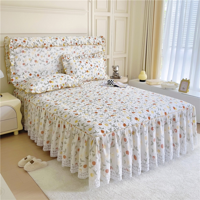 91家纺网 家纺一手货源 找家纺 十个点 2024新款印花夹棉蕾丝单床裙-玲珑 橙意