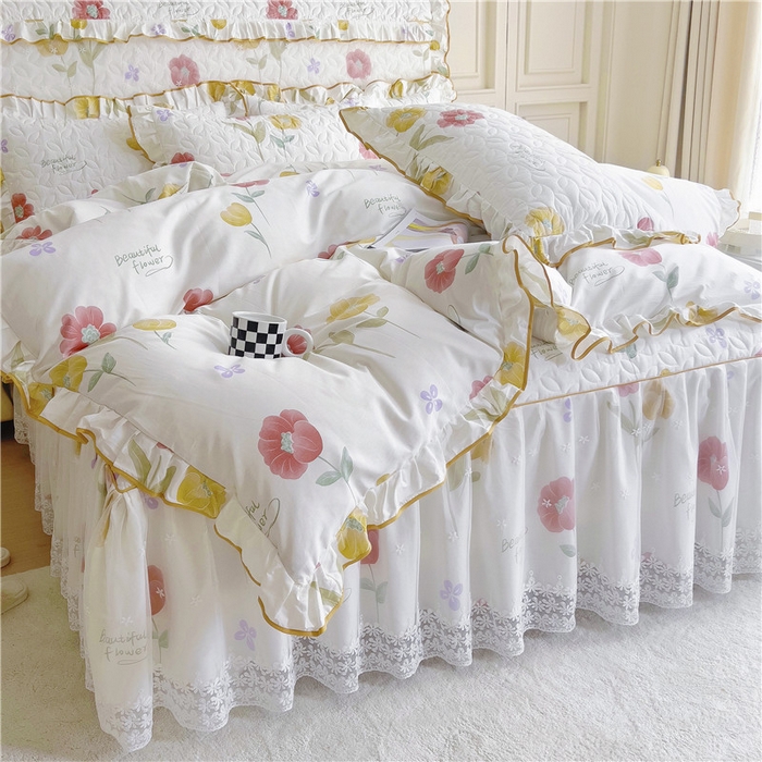 91家纺网 家纺一手货源 找家纺 十个点 2024新款印花夹棉蕾丝四件套 素锦