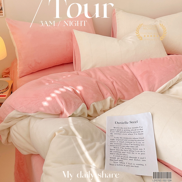 91家纺网 家纺一手货源 找家纺 眠帛家居 2023新款加厚牛奶绒双拼四件套 奶白-奶油粉