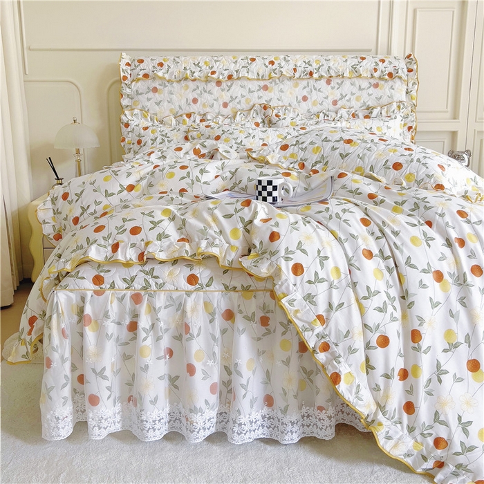 91家纺网 家纺一手货源 找家纺 十个点 2024新款印花夹棉蕾丝四件套 橙意