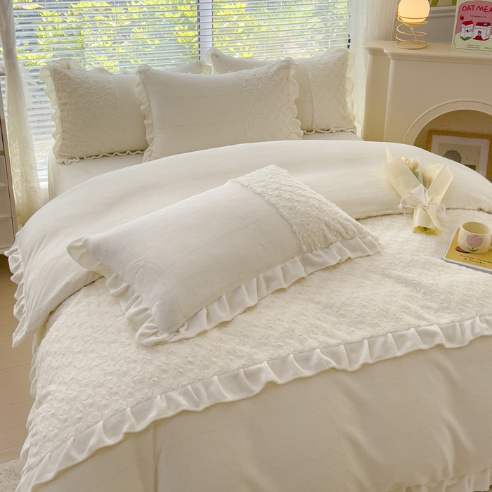 91家纺网 家纺一手货源 找家纺 （总）金米诺 2024新款加厚保暖韩式双层花边玫瑰兔绒系列四件套