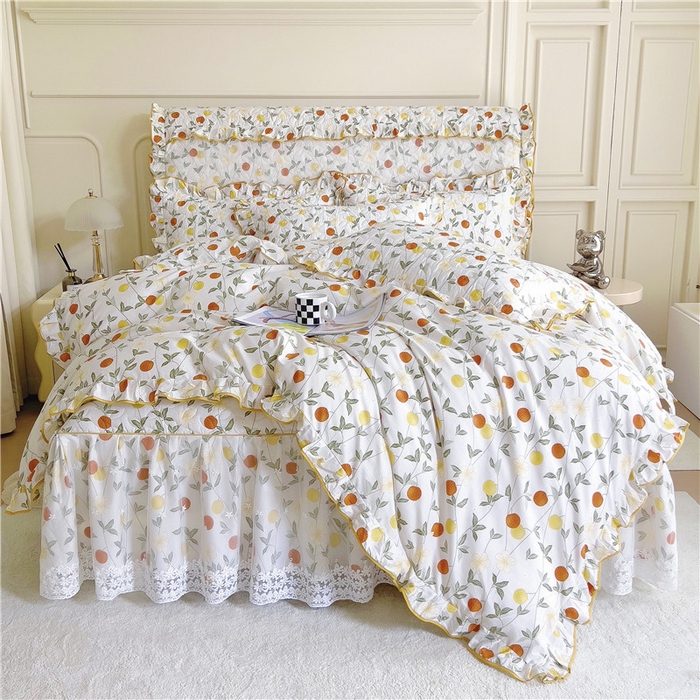 91家纺网 家纺一手货源 找家纺 十个点 2024新款印花夹棉蕾丝四件套 橙意