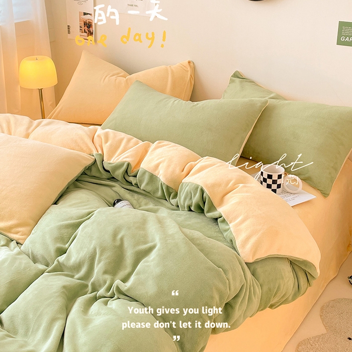 91家纺网 家纺一手货源 找家纺 眠帛家居 2023新款加厚牛奶绒双拼四件套 果绿-奶黄