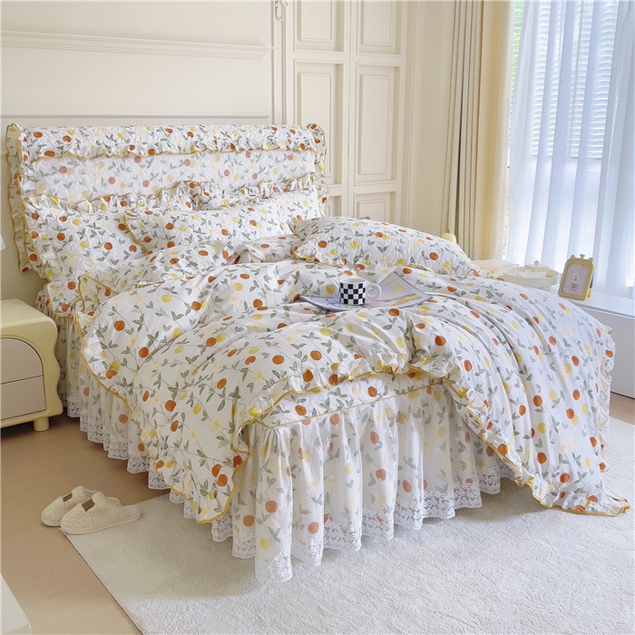 91家纺网 家纺一手货源 找家纺 十个点 2024新款印花夹棉蕾丝四件套 橙意