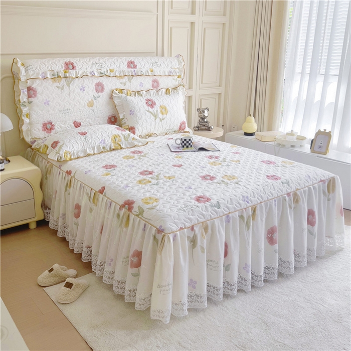 91家纺网 家纺一手货源 找家纺 十个点 2024新款印花夹棉蕾丝单床裙-玲珑 素锦