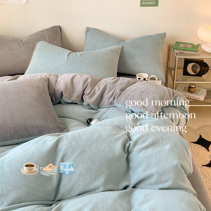 91家纺网 家纺一手货源 找家纺 眠帛家居 2023新款加厚牛奶绒双拼四件套 繁星蓝-灰