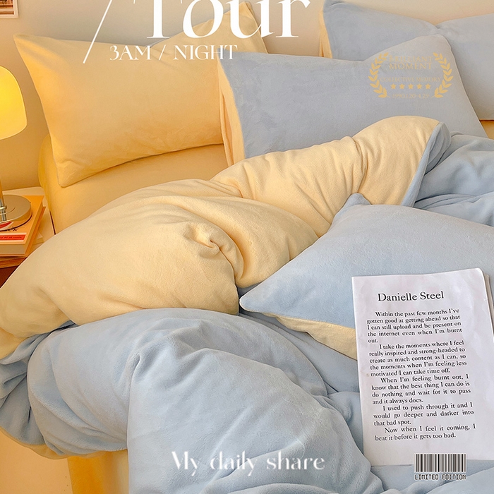 91家纺网 家纺一手货源 找家纺 眠帛家居 2023新款加厚牛奶绒双拼四件套 天空蓝-奶黄