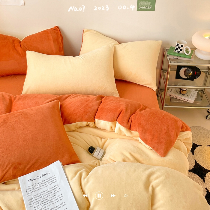 91家纺网 家纺一手货源 找家纺 眠帛家居 2023新款加厚牛奶绒双拼四件套 奶黄-焦糖