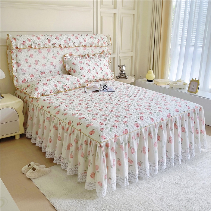 91家纺网 家纺一手货源 找家纺 十个点 2024新款印花夹棉蕾丝单床裙-玲珑 心语