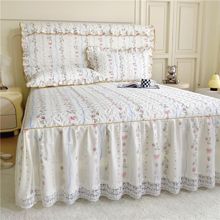 91家纺网 家纺一手货源 找家纺 十个点 2024新款印花夹棉蕾丝单床裙-玲珑 花野兔