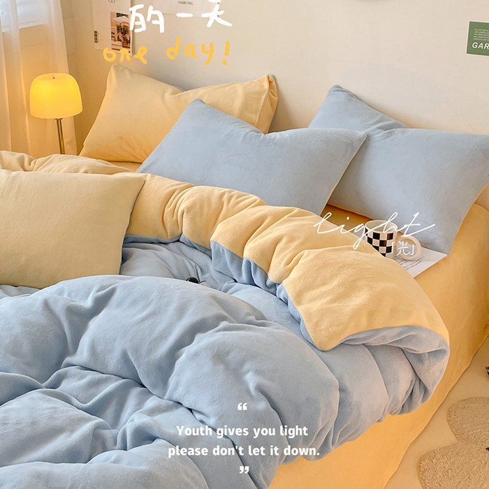 91家纺网 家纺一手货源 找家纺 眠帛家居 2023新款加厚牛奶绒双拼四件套 天空蓝-奶黄