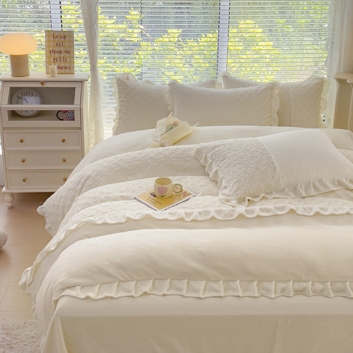 91家纺网 家纺一手货源 找家纺 （总）金米诺 2024新款加厚保暖韩式双层花边玫瑰兔绒系列四件套