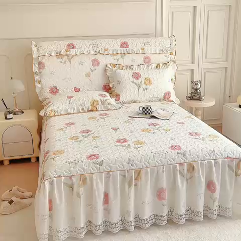 91家纺网 家纺一手货源 找家纺 十个点 2024新款印花夹棉蕾丝单床裙-玲珑 素锦