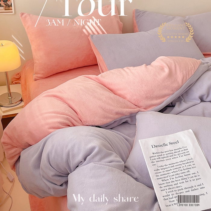 91家纺网 家纺一手货源 找家纺 眠帛家居 2023新款加厚牛奶绒双拼四件套 浅紫-奶油粉