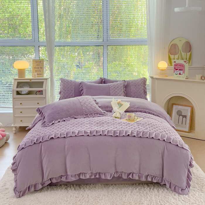 91家纺网 家纺一手货源 找家纺 金米诺 2024新款加厚保暖韩式双层花边玫瑰兔绒系列四件套 香芋紫