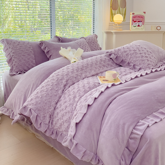 91家纺网 家纺一手货源 找家纺 金米诺 2024新款加厚保暖韩式双层花边玫瑰兔绒系列四件套 香芋紫