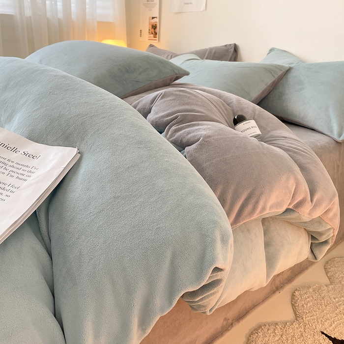 91家纺网 家纺一手货源 找家纺 眠帛家居 2023新款加厚牛奶绒双拼四件套 繁星蓝-灰