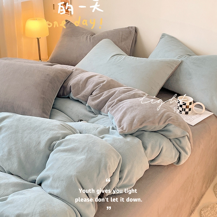 91家纺网 家纺一手货源 找家纺 眠帛家居 2023新款加厚牛奶绒双拼四件套 繁星蓝-灰