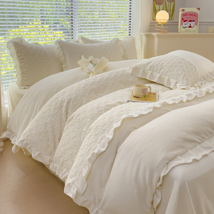 91家纺网 家纺一手货源 找家纺 （总）金米诺 2024新款加厚保暖韩式双层花边玫瑰兔绒系列四件套