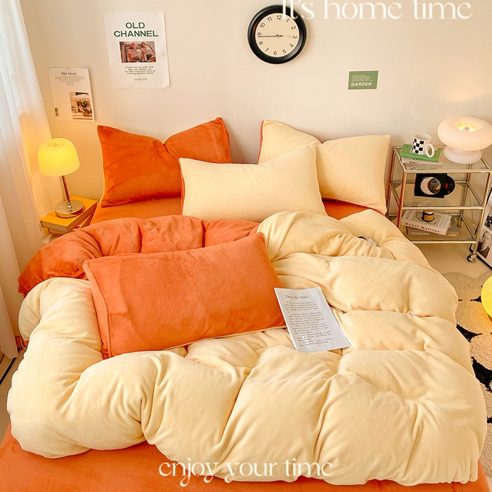 91家纺网 家纺一手货源 找家纺 眠帛家居 2023新款加厚牛奶绒双拼四件套 奶黄-焦糖