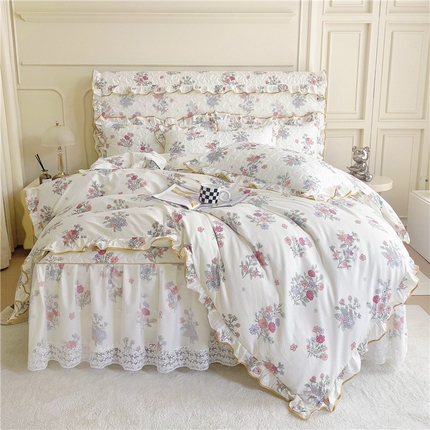 91家纺网 家纺一手货源 找家纺 十个点 2024新款印花夹棉蕾丝四件套 诗雨