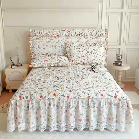 91家纺网 家纺一手货源 找家纺 十个点 2024新款印花夹棉蕾丝单床裙-玲珑 橙意