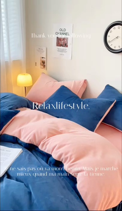 91家纺网 家纺一手货源 找家纺 眠帛家居 2023新款加厚牛奶绒双拼四件套 宾利蓝-奶油粉