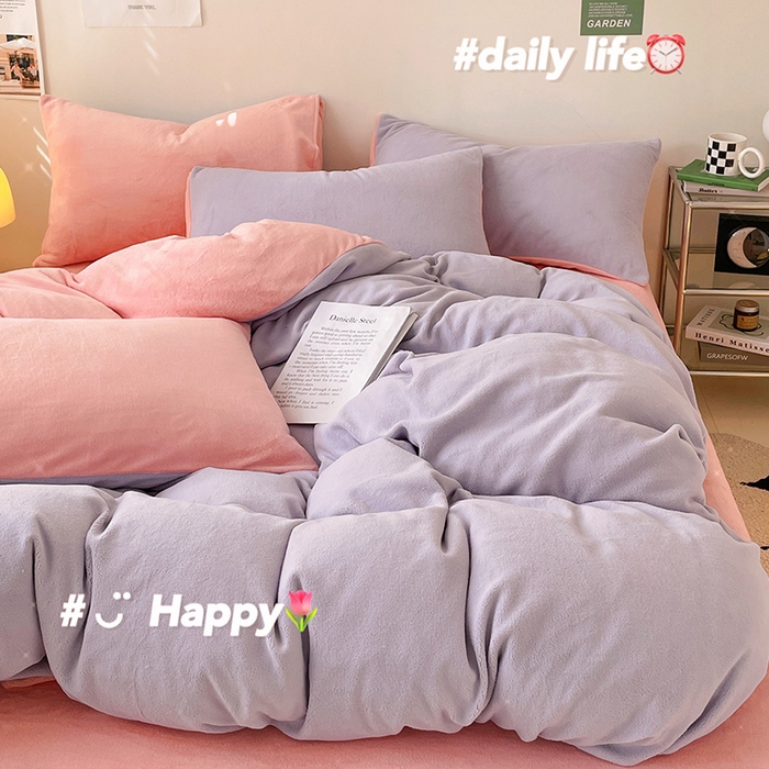 91家纺网 家纺一手货源 找家纺 眠帛家居 2023新款加厚牛奶绒双拼四件套 浅紫-奶油粉