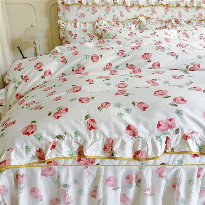 91家纺网 家纺一手货源 找家纺 十个点 2024新款印花夹棉蕾丝四件套 心语