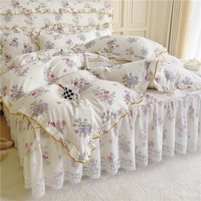 91家纺网 家纺一手货源 找家纺 十个点 2024新款印花夹棉蕾丝四件套 诗雨