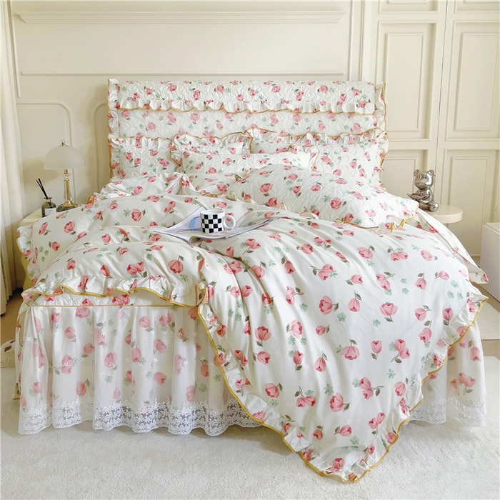 91家纺网 家纺一手货源 找家纺 十个点 2024新款印花夹棉蕾丝四件套 心语