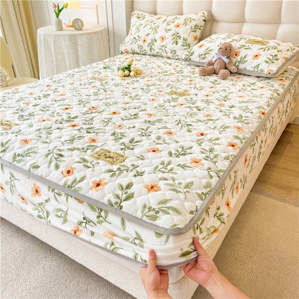 喜居 2023新款a类印花牛奶绒抗菌夹棉床笠床护垫 森系小花