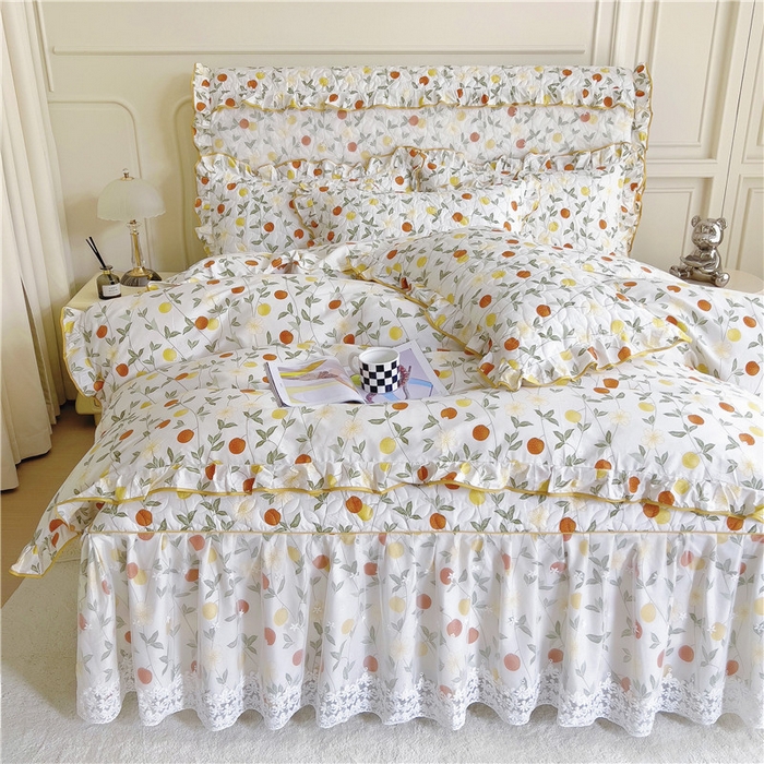 91家纺网 家纺一手货源 找家纺 十个点 2024新款印花夹棉蕾丝四件套 橙意