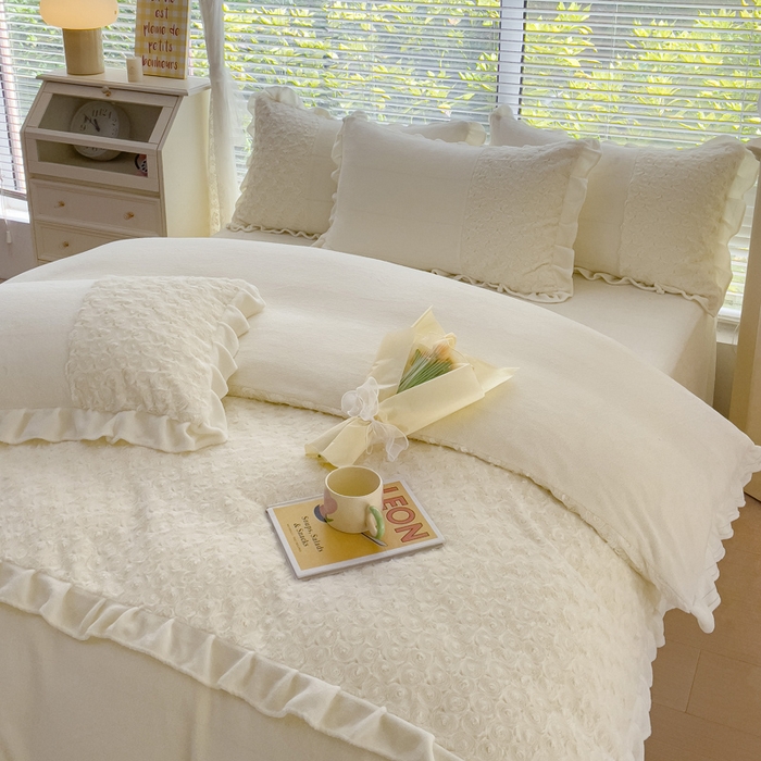 91家纺网 家纺一手货源 找家纺 （总）金米诺 2024新款加厚保暖韩式双层花边玫瑰兔绒系列四件套