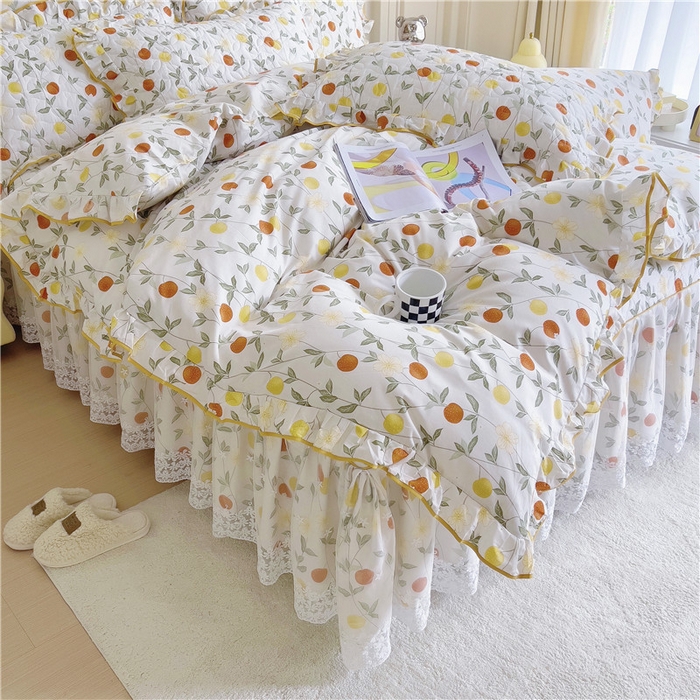 91家纺网 家纺一手货源 找家纺 十个点 2024新款印花夹棉蕾丝四件套 橙意