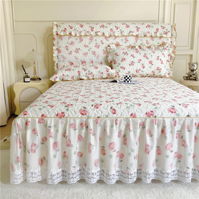 91家纺网 家纺一手货源 找家纺 十个点 2024新款印花夹棉蕾丝单床裙-玲珑 心语