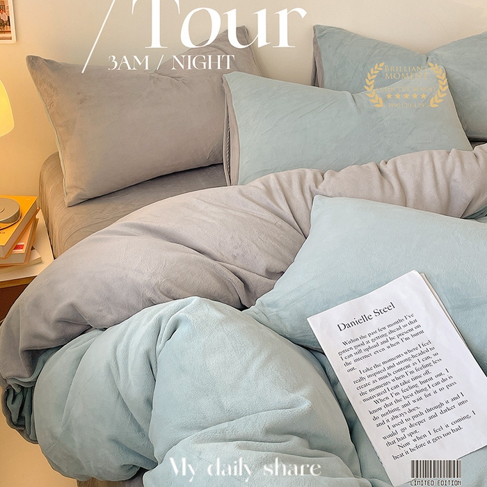 91家纺网 家纺一手货源 找家纺 眠帛家居 2023新款加厚牛奶绒双拼四件套 繁星蓝-灰