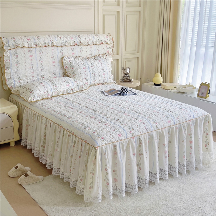 91家纺网 家纺一手货源 找家纺 十个点 2024新款印花夹棉蕾丝单床裙-玲珑 花野兔